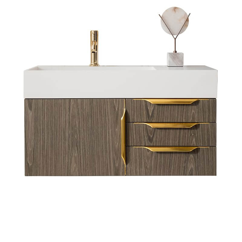 James Martin Columbia 36 Inch Single Wall Mount Vanity in Ash Gray Radiant Gold With White Zeus Silestone Top