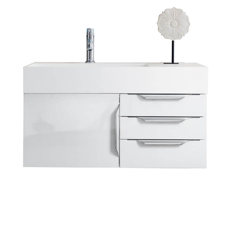 James Martin Columbia 36 Inch Single Wall Mount Vanity in Glossy White Brushed Nickel With White Zeus Silestone Top