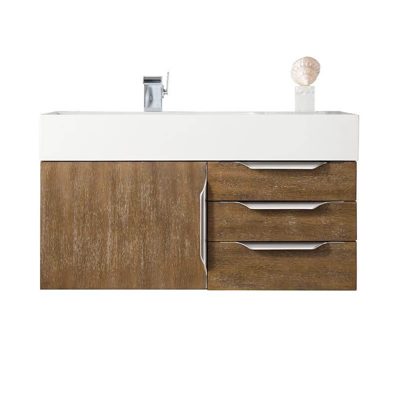 James Martin Columbia 36 Inch Single Wall Mount Vanity in Latte Oak Brushed Nickel With White Zeus Silestone Top