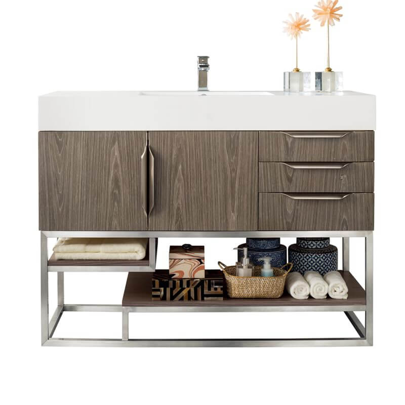 James Martin Columbia 48 Inch Single Vanity in Ash Gray Brushed Nickel With White Zeus Silestone Top