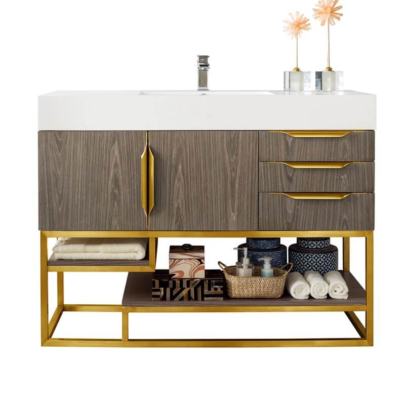 James Martin Columbia 48 Inch Single Vanity in Ash Gray Radiant Gold With White Zeus Silestone Top