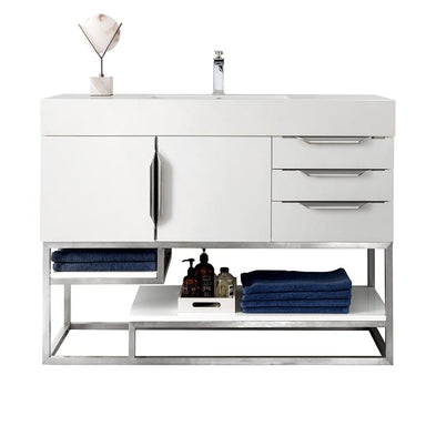 James Martin Columbia 48 Inch Single Vanity in Glossy White Brushed Nickel With White Zeus Silestone Top