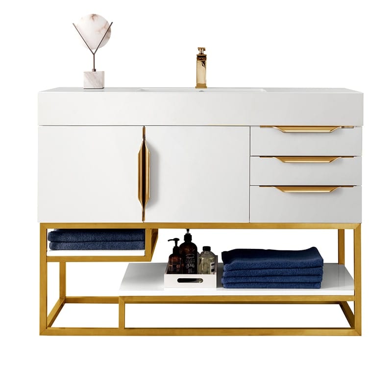 James Martin Columbia 48 Inch Single Vanity in Glossy White Radiant Gold With White Zeus Silestone Top