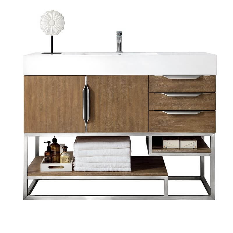 James Martin Columbia 48 Inch Single Vanity in Latte Oak Brushed Nickel With White Zeus Silestone Top