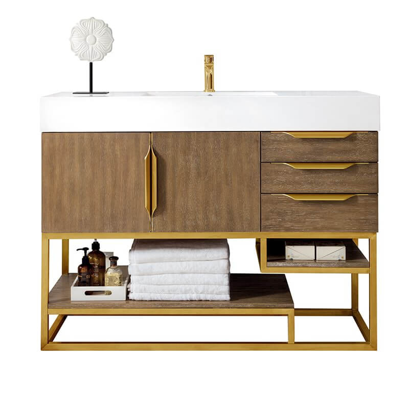 James Martin Columbia 48 Inch Single Vanity in Latte Oak Radiant Gold With White Zeus Silestone Top