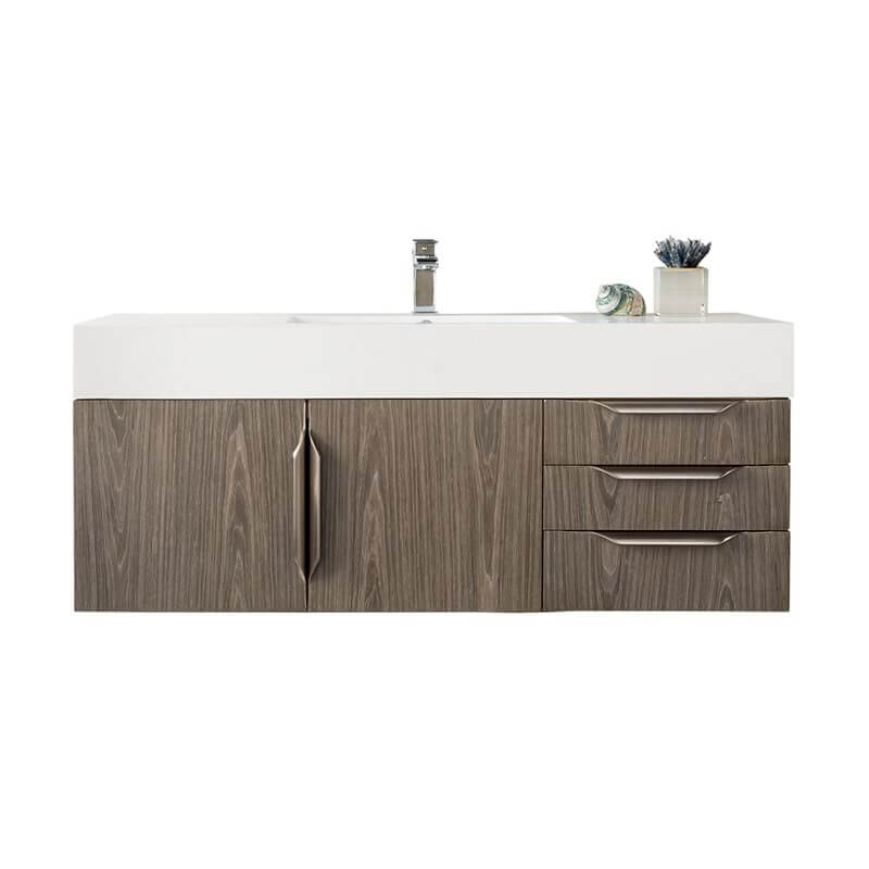 James Martin Columbia 48 Inch Single Wall Mount Vanity in Ash Gray Brushed Nickel With White Zeus Silestone Top