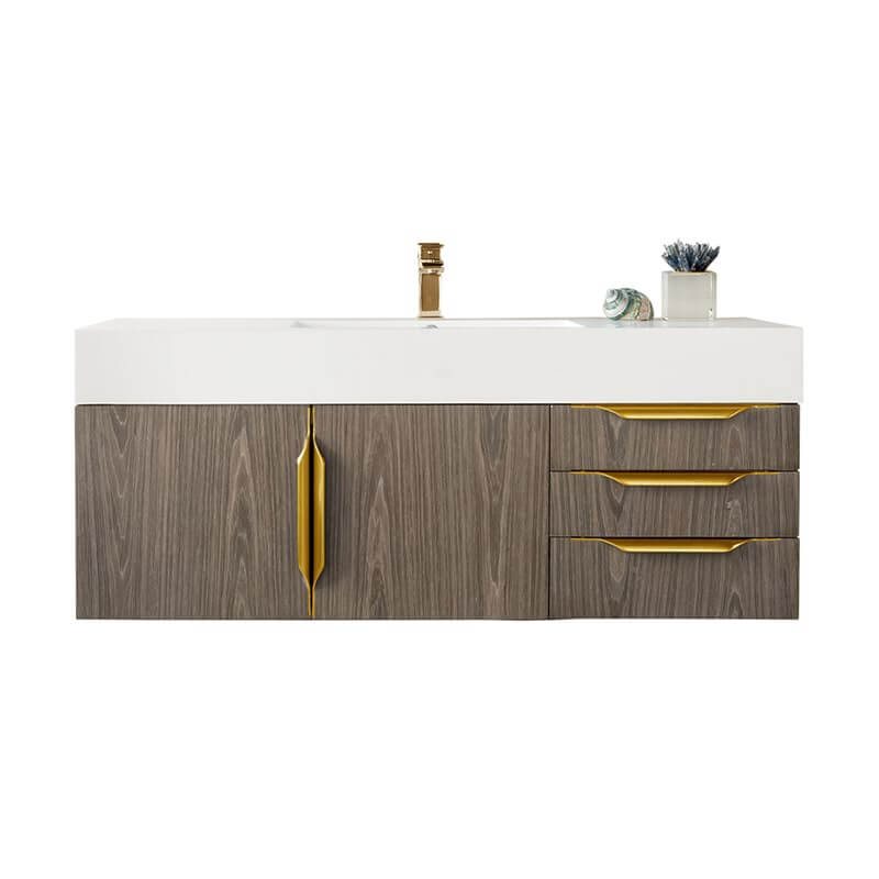 James Martin Columbia 48 Inch Single Wall Mount Vanity in Ash Gray Radiant Gold With White Zeus Silestone Top