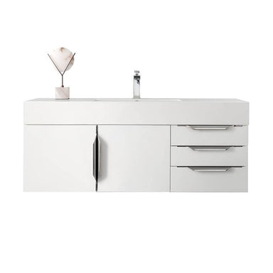 James Martin Columbia 48 Inch Single Wall Mount Vanity in Glossy White Brushed Nickel With White Zeus Silestone Top