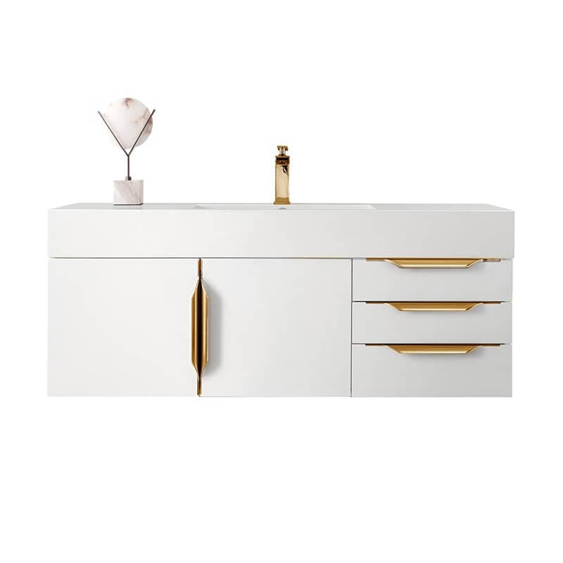 James Martin Columbia 48 Inch Single Wall Mount Vanity in Glossy White Radiant With White Zeus Silestone Top