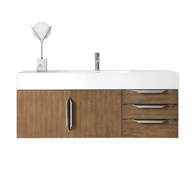 James Martin Columbia 48 Inch Single Wall Mount Vanity in Latte Oak Brushed Nickel With White Zeus Silestone Top
