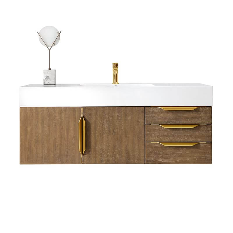 James Martin Columbia 48 Inch Single Wall Mount Vanity in Latte Oak Radiant Gold With White Zeus Silestone Top