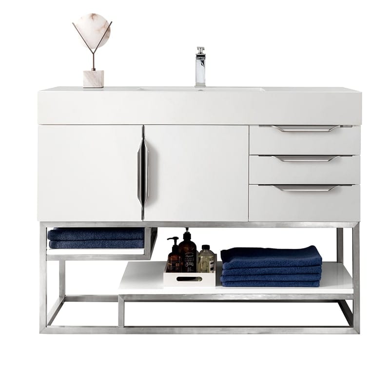 James Martin Columbia 48" Single Vanity in Glossy White Brushed Nickel Cabinet Only
