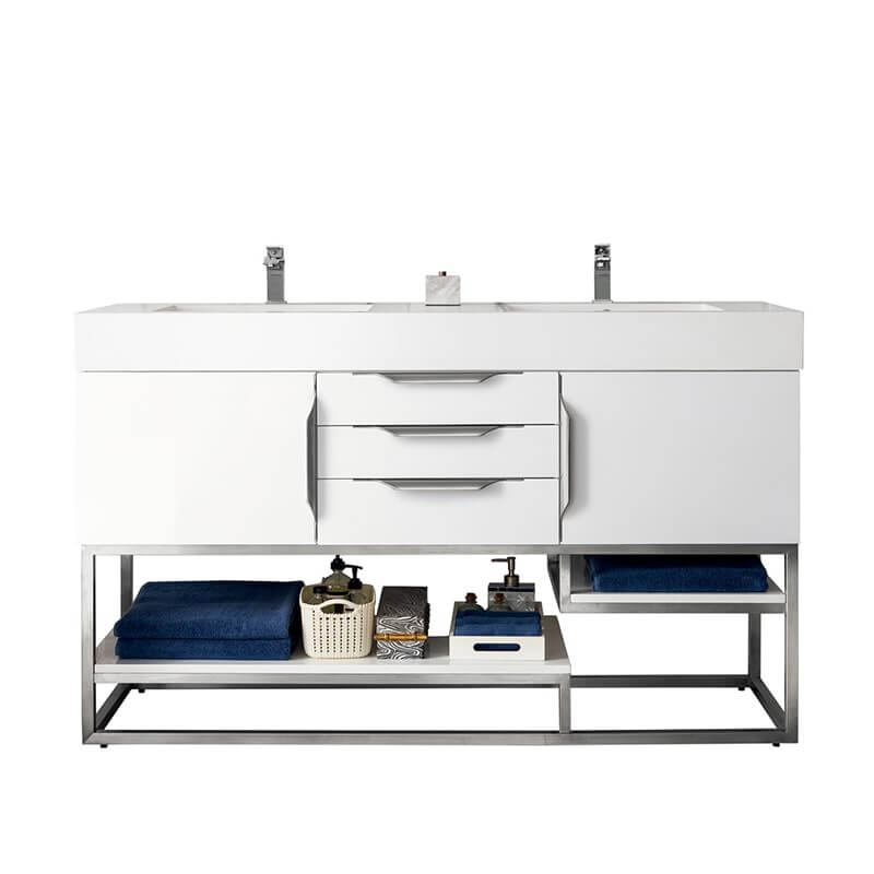 James Martin Columbia 59" Double Vanity in Glossy White Brushed Nickel Cabinet Only