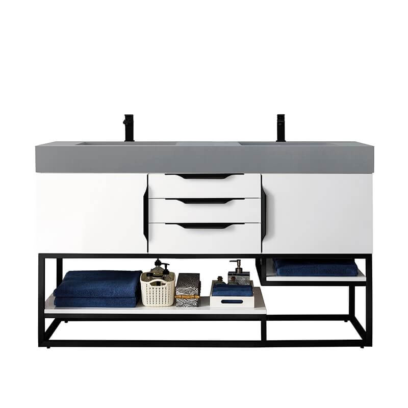 James Martin Columbia 59" Double Vanity in Glossy White Matte Black With Dusk Grey Glossy Composite Stone Top