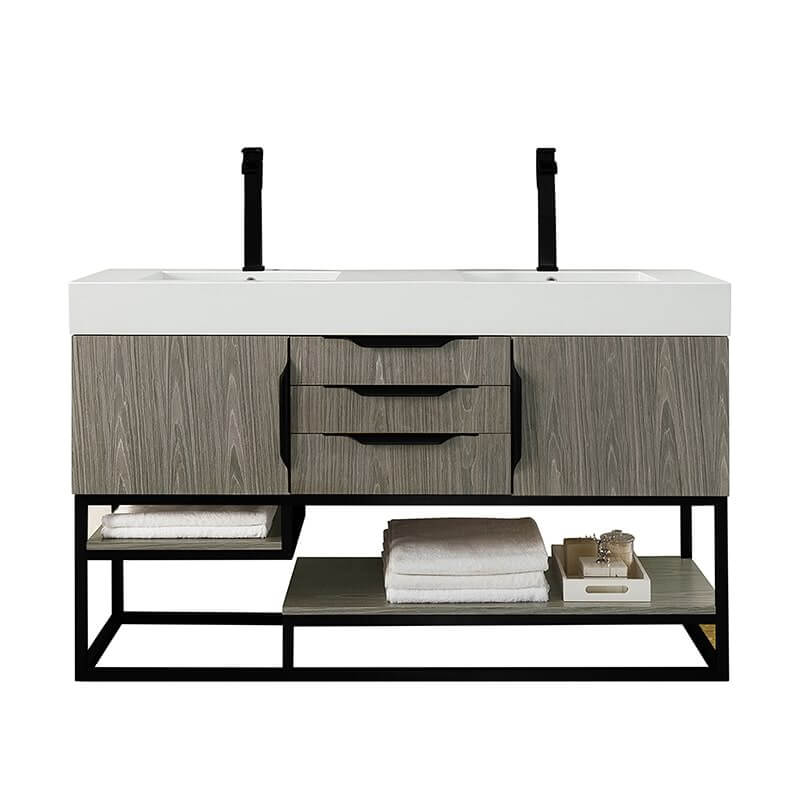 James Martin Columbia 59 Inch Double Vanity in Ash Gray Matte Black With White Zeus Silestone Top