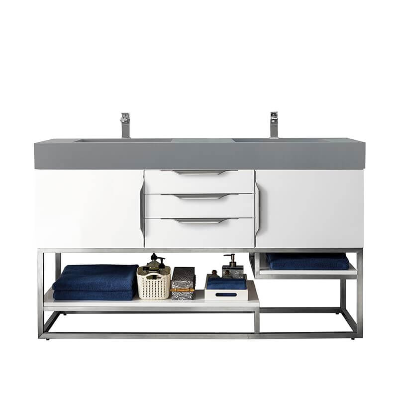 James Martin Columbia 59 Inch Double Vanity in Glossy White Brushed Nickel With Dusk Grey Glossy Composite Stone Top