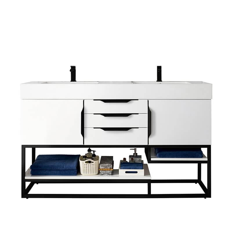 James Martin Columbia 59 Inch Double Vanity in Glossy White Matte Black With White Zeus Silestone Top