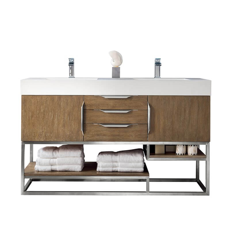 James Martin Columbia 59 Inch Double Vanity in Latte Oak Brushed Nickel With White Zeus Silestone Top