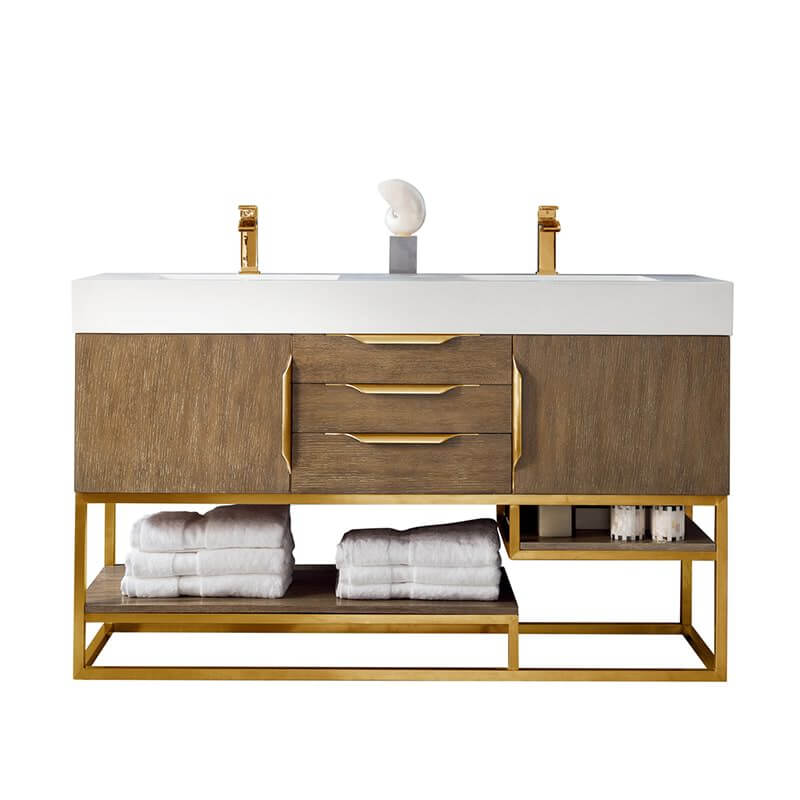 James Martin Columbia 59 Inch Double Vanity in Latte Oak Radiant Gold With White Zeus Silestone Top