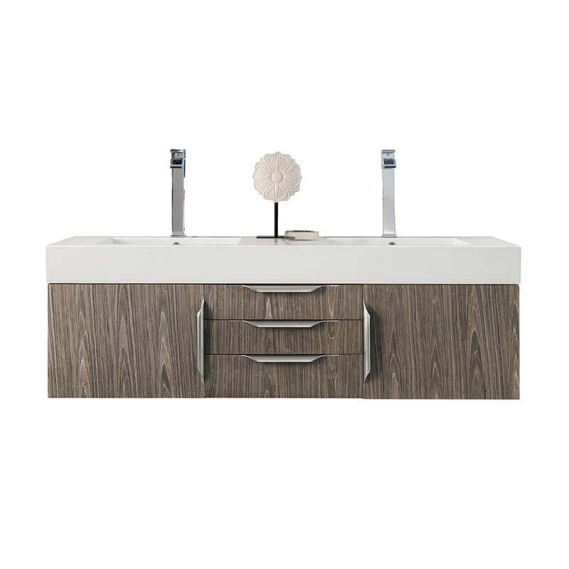 James Martin Columbia 59 Inch Double Wall Mount Vanity in Ash Gray Brushed Nickel With White Zeus Silestone Top