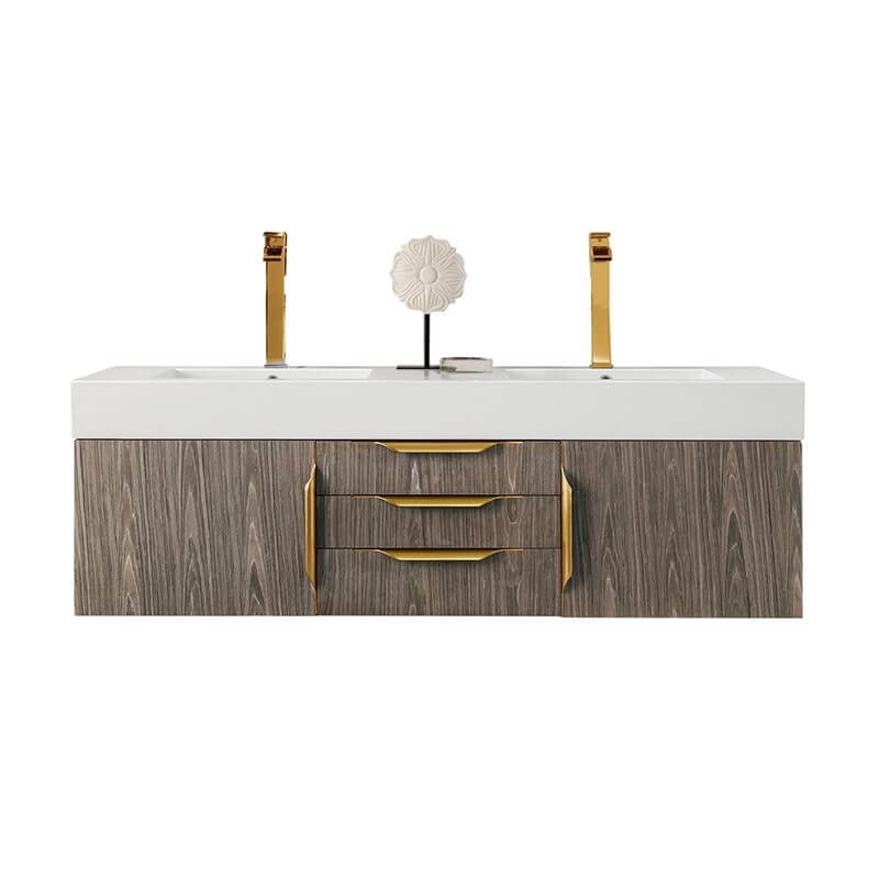 James Martin Columbia 59 Inch Double Wall Mount Vanity in Ash Gray Radiant Gold With White Zeus Silestone Top