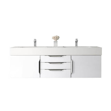 James Martin Columbia 59 Inch Double Wall Mount Vanity in Glossy White Brushed Nickel With White Zeus Silestone Top