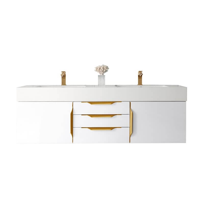 James Martin Columbia 59 Inch Double Wall Mount Vanity in Glossy White Radiant Gold With White Zeus Silestone Top