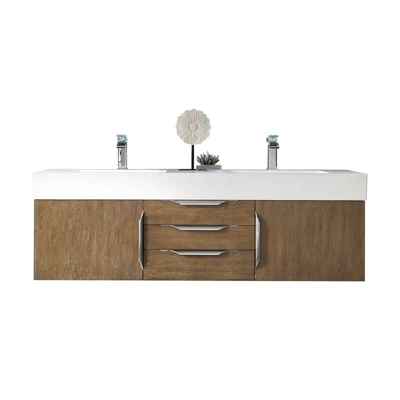 James Martin Columbia 59 Inch Double Wall Mount Vanity in Latte Oak Brushed Nickel With White Zeus Silestone Top