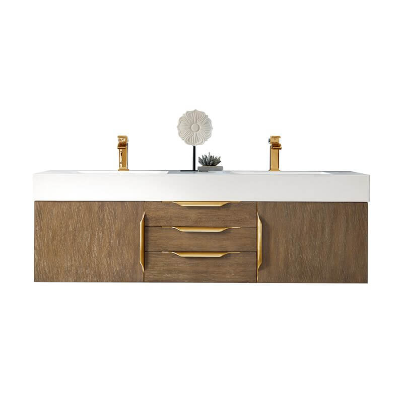 James Martin Columbia 59 Inch Double Wall Mount Vanity in Latte Oak Radiant Gold With White Zeus Silestone Top