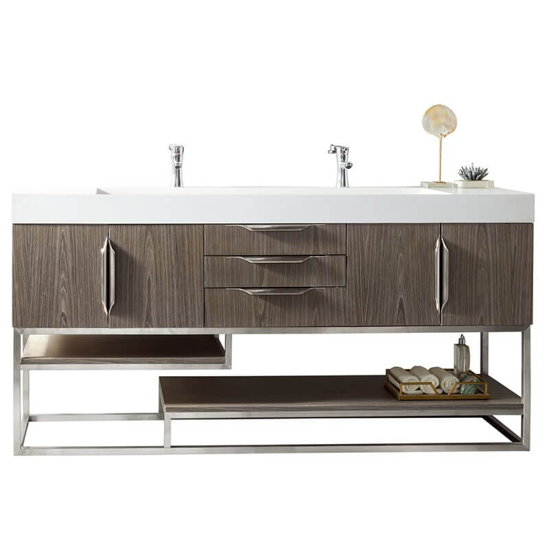James Martin Columbia 72" Double Vanity Ash Gray Brushed Nickel With White Zeus Silestone Top