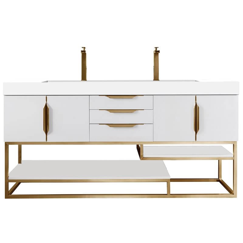 James Martin Columbia 72" Double Vanity Glossy White Radiant Gold With White Zeus Silestone Top