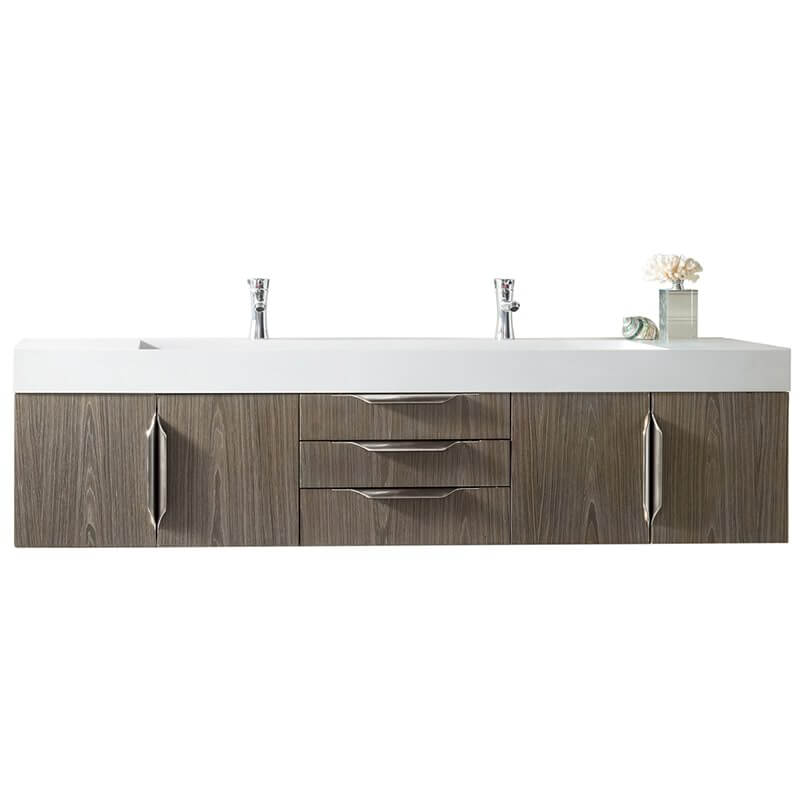 James Martin Columbia 72 Inch Double Wall Mount Vanity in Ash Gray Brushed Nickel With White Zeus Silestone Top