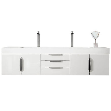 James Martin Columbia 72 Inch Double Wall Mount Vanity in Glossy White Brushed Nickel White Zeus Silestone Top