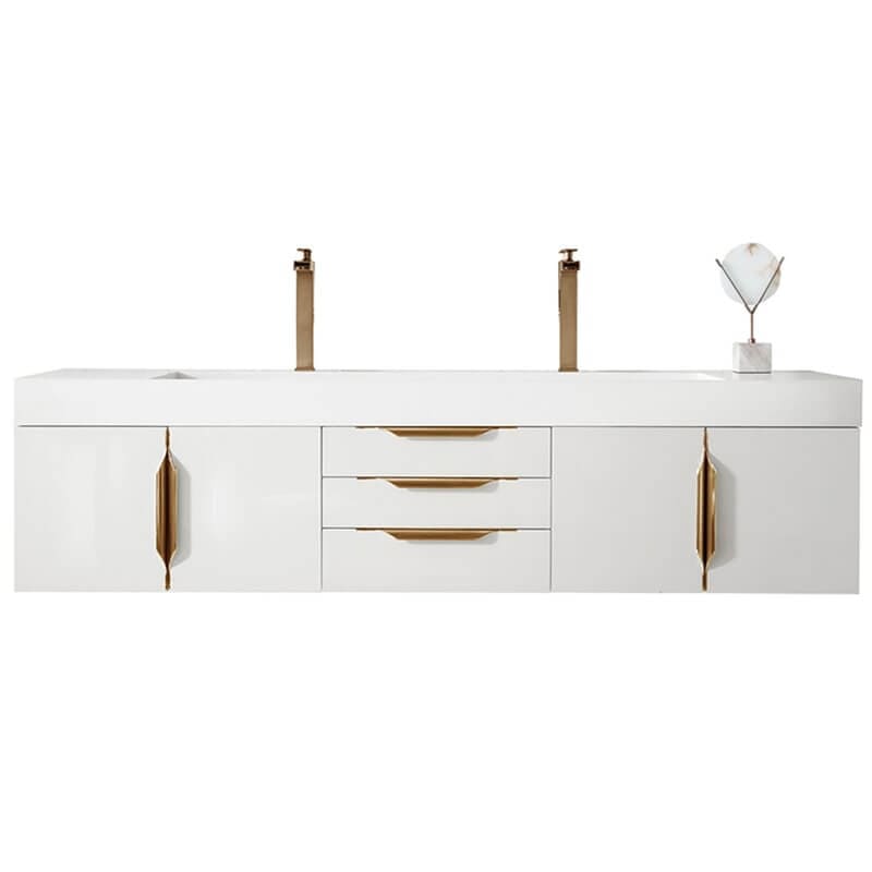 James Martin Columbia 72 Inch Double Wall Mount Vanity in Glossy White Radiant Gold With White Zeus Silestone Top