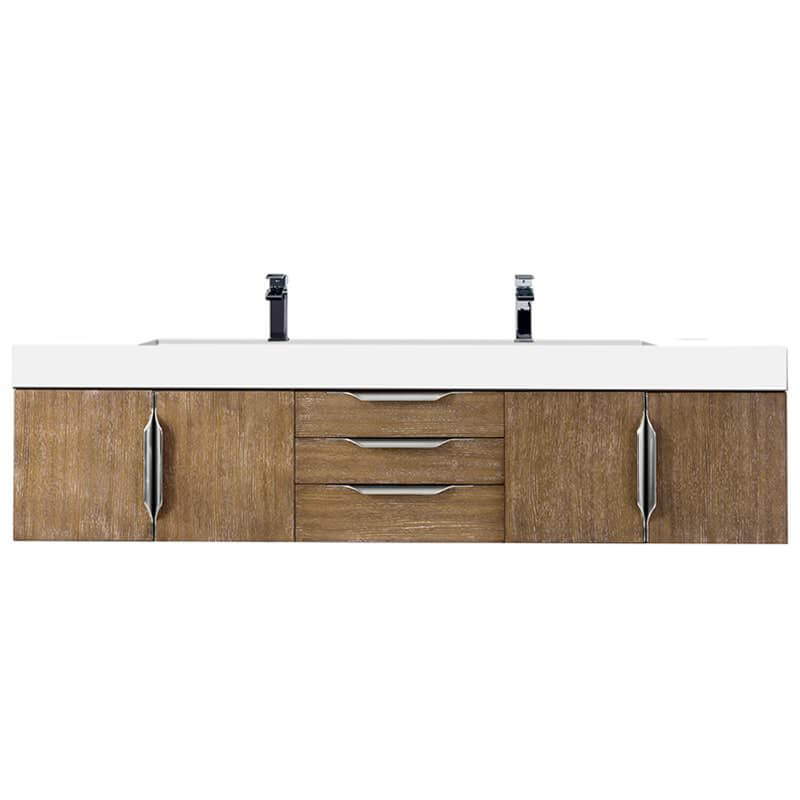 James Martin Columbia 72 Inch Double Wall Mount Vanity in Latte Oak Brushed Nickel With White Zeus Silestone Top