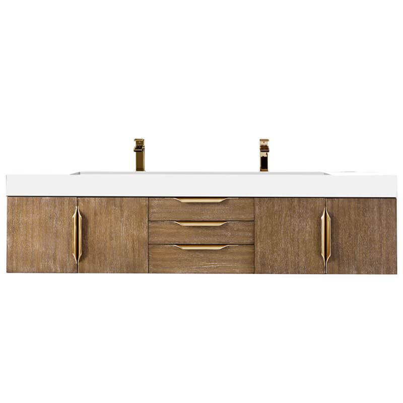 James Martin Columbia 72 Inch Double Wall Mount Vanity in Latte Oak Radiant Gold With White Zeus Silestone Top