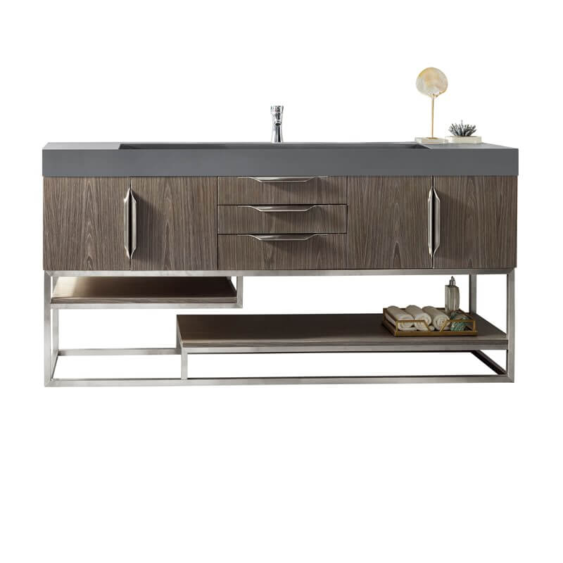 James Martin Columbia 72 Inch Single Vanity in Ash Gray Brushed Nickel With Dusk Grey Glossy Composite Stone Top