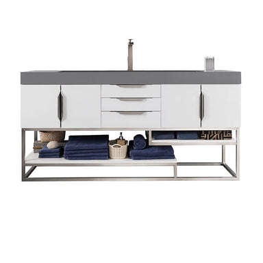 James Martin Columbia 72 Inch Single Vanity in Glossy White Brushed Nickel Dusk Grey Glossy Composite Stone Top