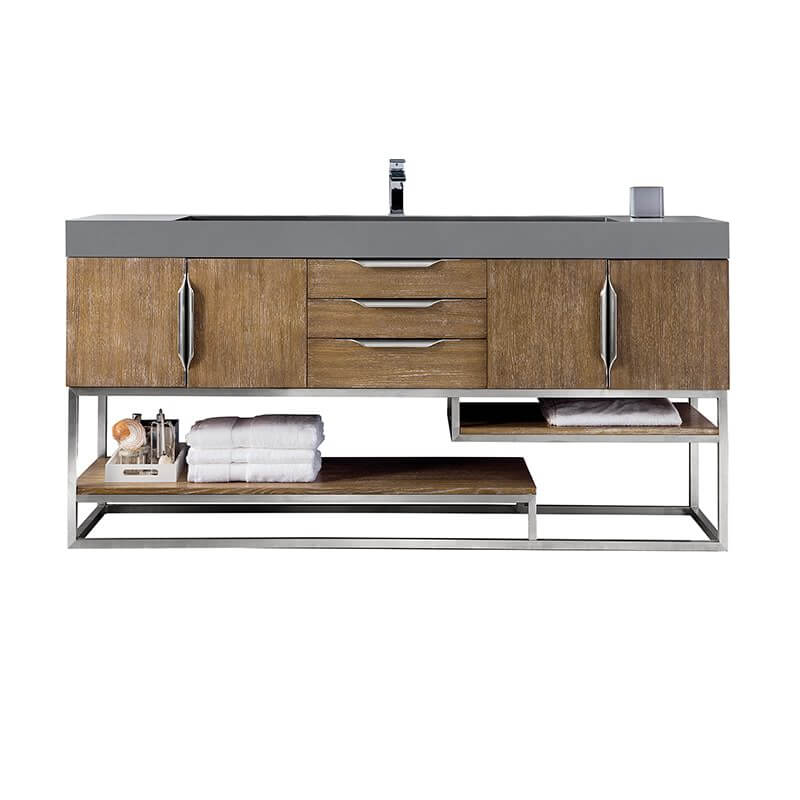 James Martin Columbia 72 Inch Single Vanity in Latte Oak Brushed Nickel With Dusk Grey Glossy Composite Stone Top
