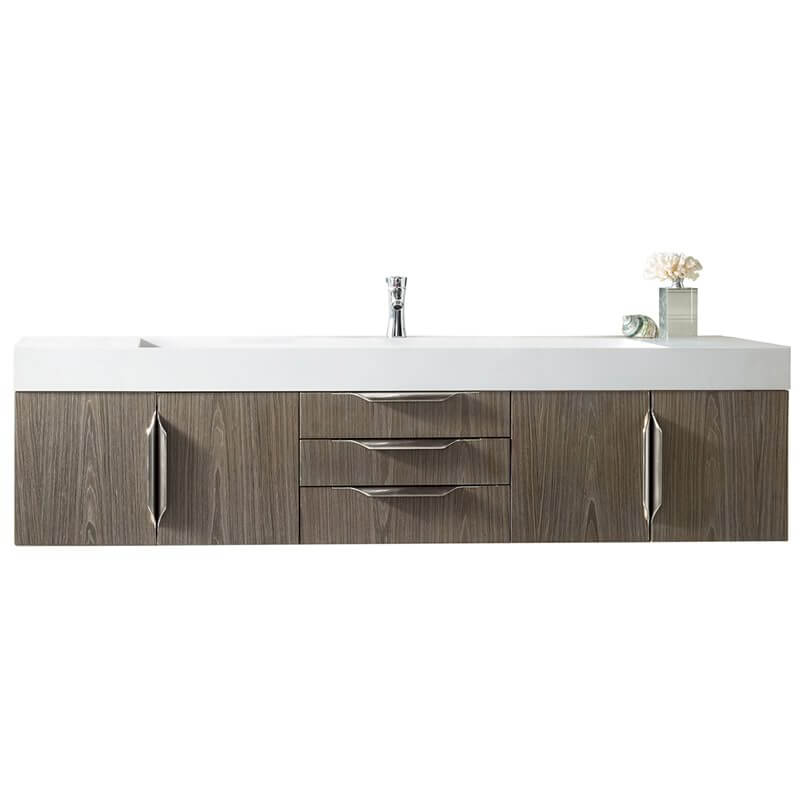 James Martin Columbia 72 Inch Single Wall Mount Vanity in Ash Gray Brushed Nickel With White Zeus Silestone Top