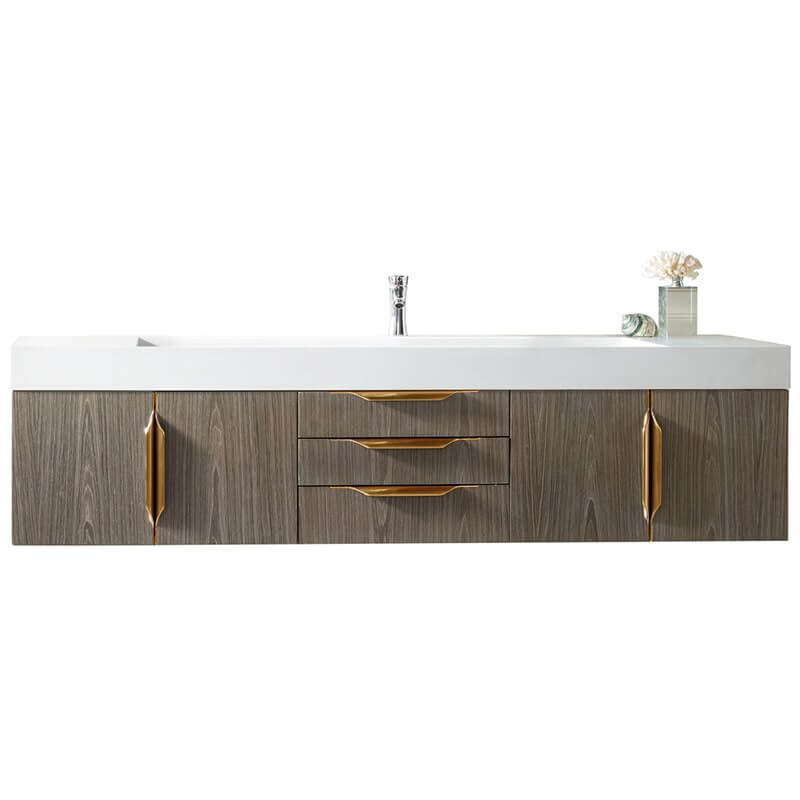 James Martin Columbia 72 Inch Single Wall Mount Vanity in Ash Gray Radiant Gold With White Zeus Silestone Top