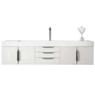 James Martin Columbia 72 Inch Single Wall Mount Vanity in Glossy White Brushed Nickel With White Zeus Silestone Top