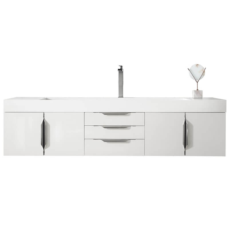 James Martin Columbia 72 Inch Single Wall Mount Vanity in Glossy White Brushed Nickel With White Zeus Silestone Top