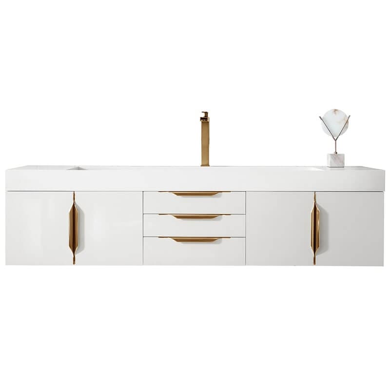 James Martin Columbia 72 Inch Single Wall Mount Vanity in Glossy White Radiant Gold With White Zeus Silestone Top