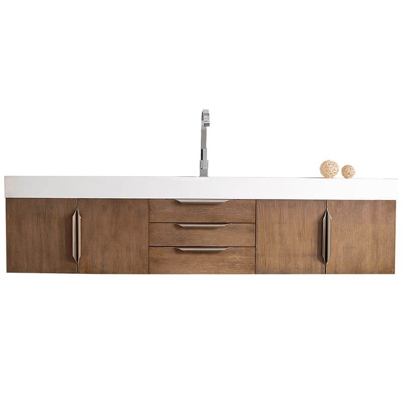 James Martin Columbia 72 Inch Single Wall Mount Vanity in Latte Oak Brushed Nickel With White Zeus Silestone Top