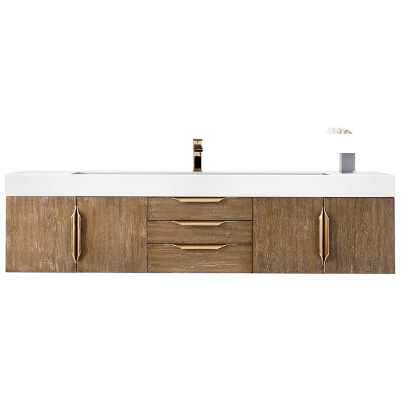 James Martin Columbia 72 Inch Single Wall Mount Vanity in Latte Oak Radiant Gold With White Zeus Silestone Top