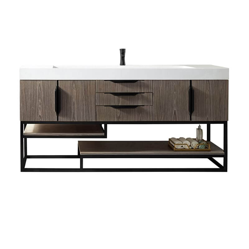 James Martin Columbia 72" Single Vanity in Ash Gray Matte Black With White Zeus Silestone Top