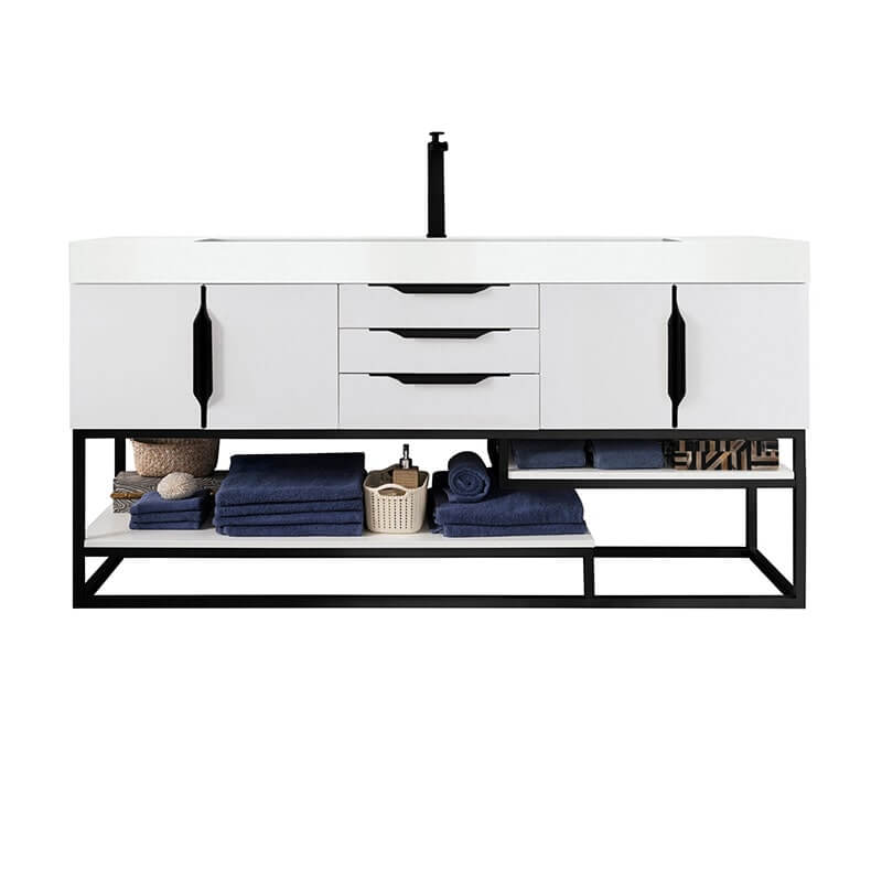 James Martin Columbia 72" Single Vanity in Glossy White Matte Black With White Zeus Silestone Top