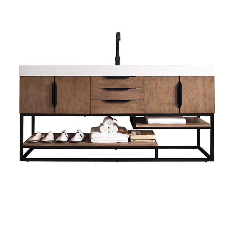 James Martin Columbia 72" Single Vanity in Latte Oak Matte Black With White Zeus Silestone Top
