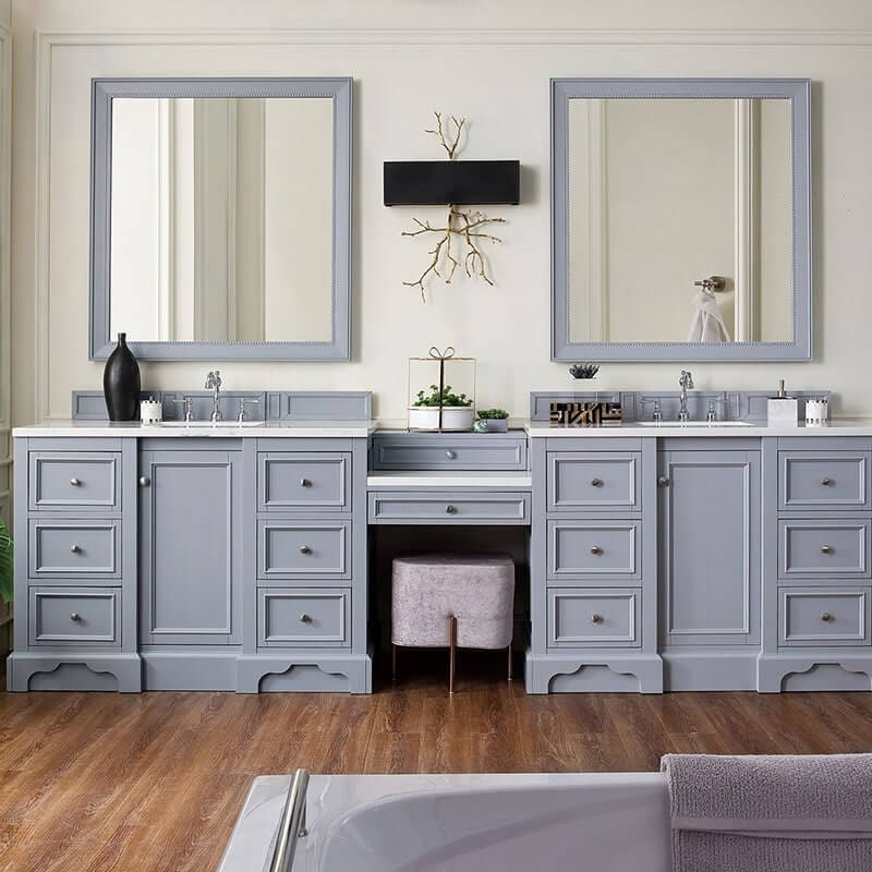 James Martin De Soto 118" Double Vanity Set Silver Gray Front View Closed Drawers